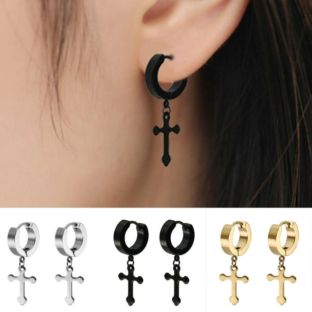 Pair titanium Steel Cross Pendant Drop Huggie Earrings ear stud fashion jewelry